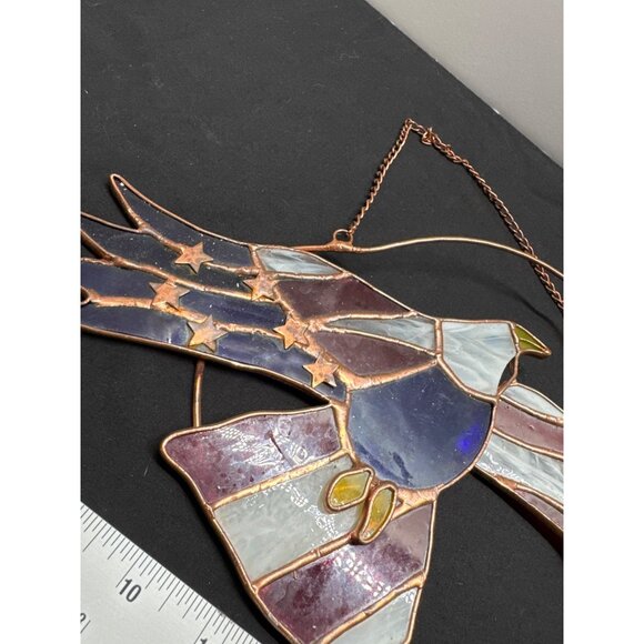 Real Stained Art Glass Patriotic Eagle Suncatcher Copper Frame Chain Americana - Picture 3 of 7